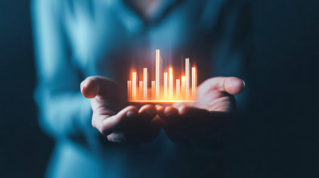 Businesswoman presenting a radiant financial chart, illustrating growth, success, and investment opportunities in todays digital landscape, highlighting the potential for future achievementsの素材