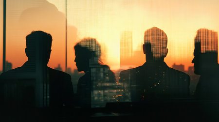 Four business people silhouettes are watching a beautiful orange sunset over the city skyline from their office window, reflecting the urban landscape on the glassの素材