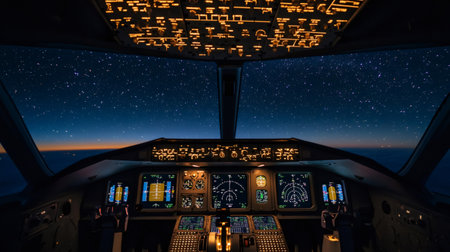 Airplane cockpit full of illuminated control instruments flying at night above the clouds under a beautiful starry sky during a commercial flightの素材