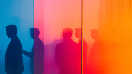 Business partners walking behind a colorful glass wall in a modern office building, creating a vibrant and dynamic atmosphere, symbolizing collaboration and innovation in the corporate worldの素材