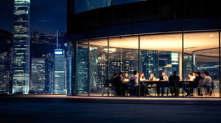 Business people having a meeting inside a modern office building with hong kong city skyline in the background at night, discussing future projects and strategiesの素材