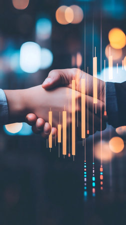 Two businesspeople shaking hands with an increasing stock market candlestick graph and bokeh lights in the background, celebrating a successful dealの素材