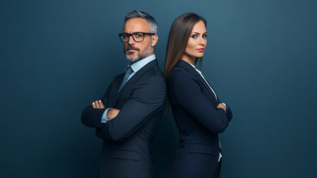 Studio shot of a serious businessman and businesswoman standing with their arms crossed back to back against a dark blue background, conveying confidence and teamwork in the business worldの素材