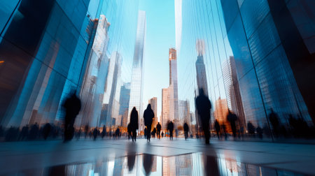 Business people are walking on a city street with modern skyscrapers and reflections in the early morning or late afternoon, creating a dynamic urban sceneの素材