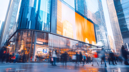 Crowds of commuters and tourists walking alongside a modern glass building, featuring a large interactive display, create a vibrant scene at dusk in a bustling urban centerの素材