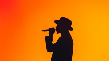 Silhouette of a singer wearing a stylish hat, passionately performing live music while holding a microphone, set against a vibrant orange gradient backgroundの素材