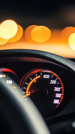 Speedometer indicating zero speed with illuminated city lights blurring in background, evoking concepts of traffic, car sales, dealerships, insurance, fuel, and car productionの素材