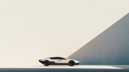 Modern white sports car parked in a minimalist showroom with a large white wall and a triangular shadow cast on it, creating a sleek and stylish atmosphereの素材