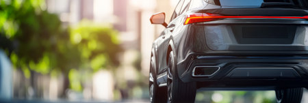 Modern black suv driving on a city street during a sunny day, showcasing its sleek design and urban mobility, offering a sense of freedom and adventureの素材