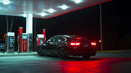 Modern black car is exiting a brightly lit gas station at night, its red tail lights reflecting on the smooth pavement, creating a vibrant contrast against the dark surroundingsの素材