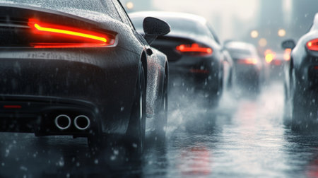 Modern luxury vehicles are driving on a wet highway in heavy rain, creating a sense of danger and adventure, with blurred lights in the background and rain drops splashing on the roadの素材