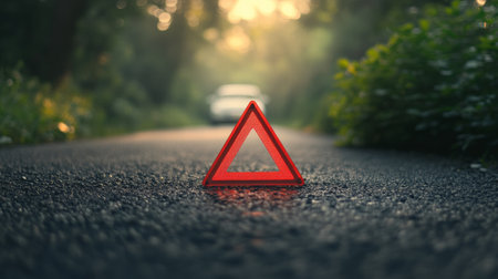 Red warning triangle placed on asphalt road during sunset, indicating a car trouble or accident, with a blurry broken down car in the background, emphasizing road safety and emergency situationsの素材