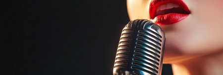 Close up of red lips passionately singing into a vintage microphone, capturing the essence of artistry and music in a vibrant performance filled with emotion and creativityの素材