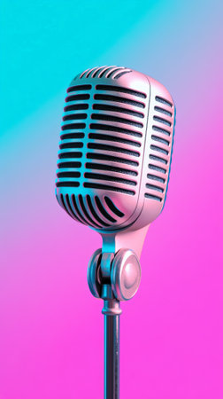 Classic microphone stands ready to capture audio, representing singing, podcasting, broadcasting, and the power of voice in music and communication, set against a vibrant two tone backdropの素材