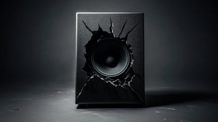 Black audio speaker emitting powerful bass frequencies, causing the surrounding surface to crack and vibrate, creating a visually striking effectの素材