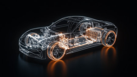 Electric car chassis with glowing battery and engine is revealing its internal structure on a black background, representing innovation in automotive engineering and sustainable transportationの素材