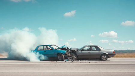 Two damaged cars are involved in an accident on a road, with smoke billowing from one of the vehicles and debris scattered around the crash site under a bright skyの素材