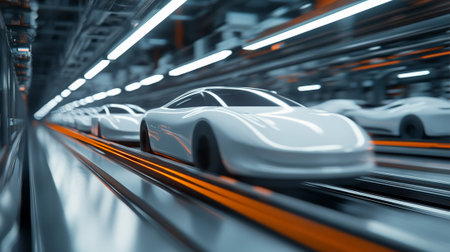 Futuristic white electric vehicles are moving on an assembly line inside a brightly lit, modern car factory, representing innovative automotive manufacturing and advanced production technologiesの素材