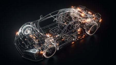 Glowing lines and dots create an intricate wireframe of a futuristic car, revealing its internal components against a dark backdrop and showcasing automotive innovationの素材