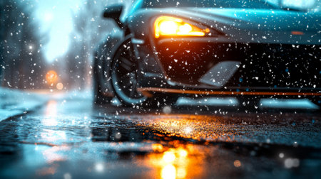 Snow is falling on a wet asphalt road at night, illuminated by the headlights of a modern sports car, creating a dramatic and atmospheric sceneの素材
