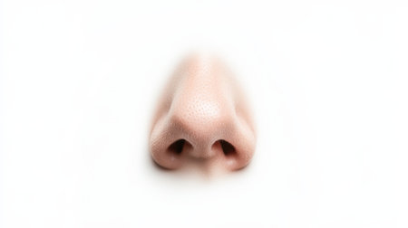 Human nose breathing, highlighting the senses of smell and beauty against a clean white background, representing concepts of rhinoplasty and cosmetic surgery in detailの素材