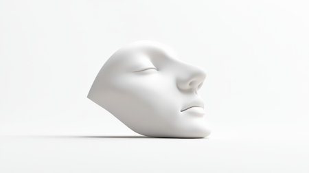 White plaster mask lying on a white surface represents the concept of rhinoplasty and beauty treatment, symbolizing the search for perfect facial featuresの素材