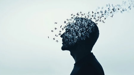 Letters and numbers flowing from a mans silhouette symbolize the dynamic exchange of thoughts, ideas, and knowledge, highlighting the essence of communication and creativityの素材