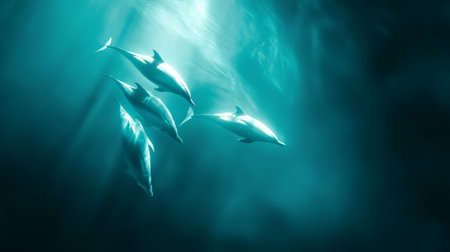 Four dolphins are swimming together in the deep blue ocean, creating a beautiful and serene underwater scene, with sunbeams filtering through the waterの素材