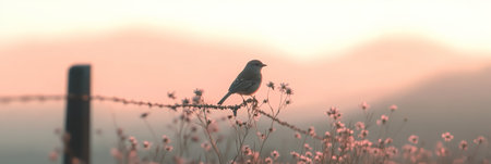 Small bird resting on a barbed wire fence in a vibrant field of flowers, basking in the warm glow of a beautiful sunset, creating a tranquil and serene atmosphereの素材