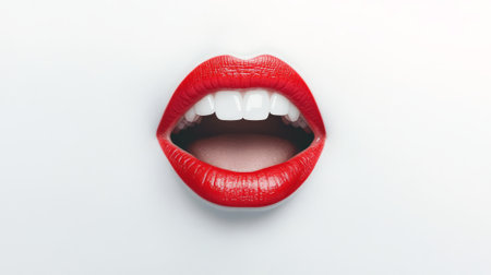 Sensual open mouth showing perfect white teeth and red lipstick, representing beauty, cosmetology, and dental care on a clean white backgroundの素材