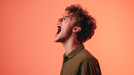 Side view portrait of a young man screaming with open mouth, expressing his anger and frustration on a vibrant orange background, creating a powerful image of intense emotionの素材