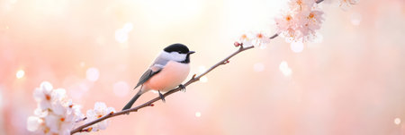 Small bird, coal tit, perched on a branch of a cherry tree with beautiful pink flowers in full bloom, enjoying the spring season with a soft bokeh backgroundの素材