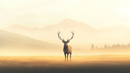 Majestic deer with large antlers standing in a misty valley at sunrise, with mountains and forest in the background, creating a serene and awe inspiring natural landscapeの素材