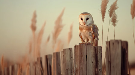 Beautiful barn owl perched on a weathered wooden fence post, with soft, blurred reeds in the background and the warm glow of the setting sun creating a serene and captivating sceneの素材