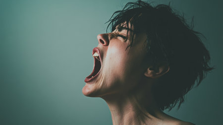 Close up profile of a young woman screaming with her mouth wide open, expressing intense emotions of despair and anger against a plain backgroundの素材