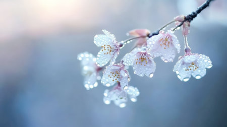 Beautiful cherry blossoms covered in sparkling dewdrops create a serene and delicate scene, capturing the essence of springtimes gentle beauty and renewalの素材
