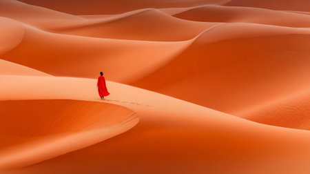Woman wearing a red dress is walking on beautiful sand dunes in a vast desert landscape, leaving footprints in the sand, creating a sense of adventure and explorationの素材