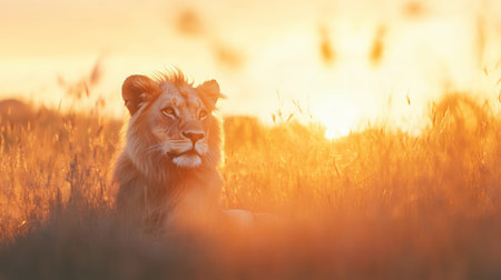 Powerful male lion resting peacefully in tall golden grass during a breathtaking african sunset, creating a stunning scene of wildlife and natures beautyの素材