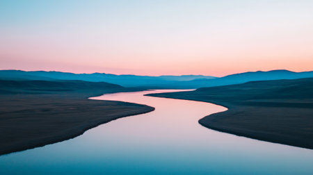 Calm river meandering through a valley reflecting the pastel colors of the sunset sky with silhouettes of mountains in the background creating a tranquil and scenic landscapeの素材