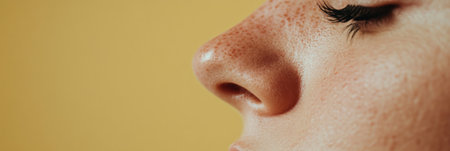 Profile of a freckled woman breathing, showing the results of rhinoplasty surgery, highlighting natural beauty and cosmetology enhancementsの素材