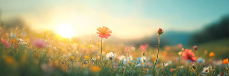 Colorful wildflowers are blooming in a meadow during a vibrant sunset, creating a picturesque summer scene with warm sunlight and a peaceful atmosphereの素材