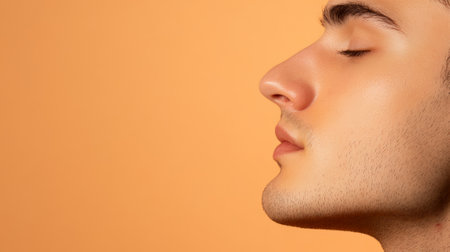 Profile of a relaxed young man breathing with closed eyes, showing perfect nose and jawline after successful rhinoplasty surgery, highlighting beauty and cosmetologyの素材