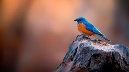 Small orange and blue bird perched gracefully on a weathered tree stump, basking in the warm glow of the setting sun, surrounded by a serene and picturesque outdoor environmentの素材