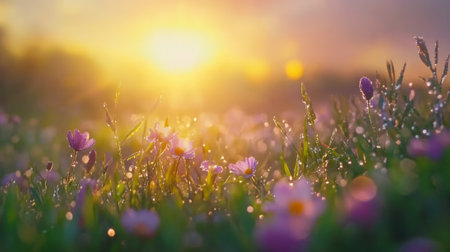 Beautiful wildflowers covered in morning dew are glowing in the golden light of sunrise over a peaceful meadow, creating a serene and idyllic scene of natural beautyの素材