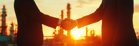 Two businessmen shaking hands in front of an oil refinery at sunset, representing a successful partnership in the energy sector and highlighting collaboration in the industryの素材