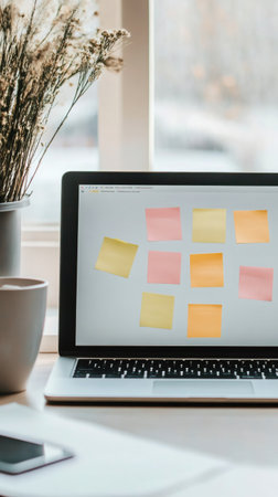 Laptop screen displays colorful sticky notes, symbolizing multitasking and time management challenges. The scene captures the chaos of work stress and impending deadlinesの素材