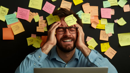 Office worker surrounded by colorful sticky notes, holding head in frustration, symbolizing stress and chaos of multitasking and time management in a busy work environmentの素材