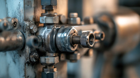 Metal pipeline system featuring a regulating valve, exhibiting signs of wear and tear, emphasizes the importance of industrial processes and the need for regular maintenanceの素材