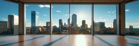 Sunlight streams into a spacious modern office interior, highlighting the polished wooden floor and offering a breathtaking panoramic view of a bustling cityscape at sunrise through large windowsの素材