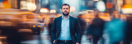 Focused businessman stands amidst a bustling city scene, embodying the challenges of multitasking and time management. Blurred surroundings emphasize the hectic pace of modern lifeの素材